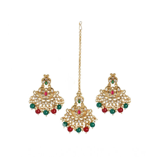 Women'S Rose Gold Plated Alloy Kundan Earrings &Amp; Mangtikka