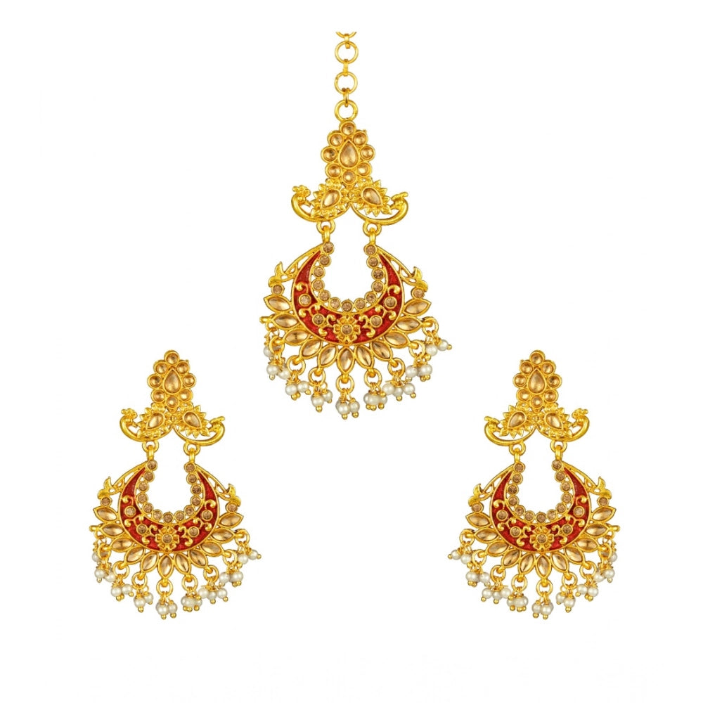 Women'S Rose Gold Plated Alloy Kundan Earrings &Amp; Mangtikka