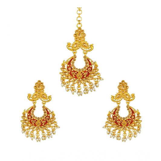 Women'S Rose Gold Plated Alloy Kundan Earrings &Amp; Mangtikka