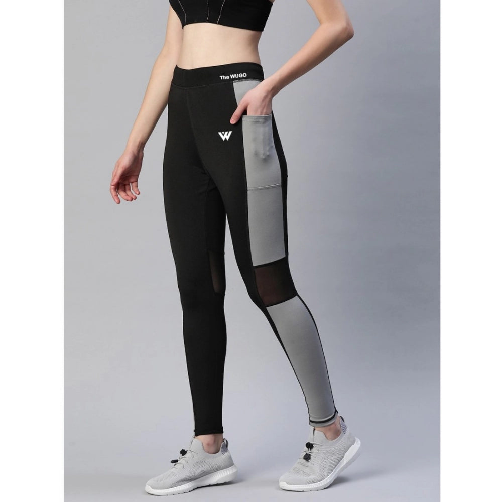 Women'S Polyster Solid Sport Leggings (Black &Amp; Grey)