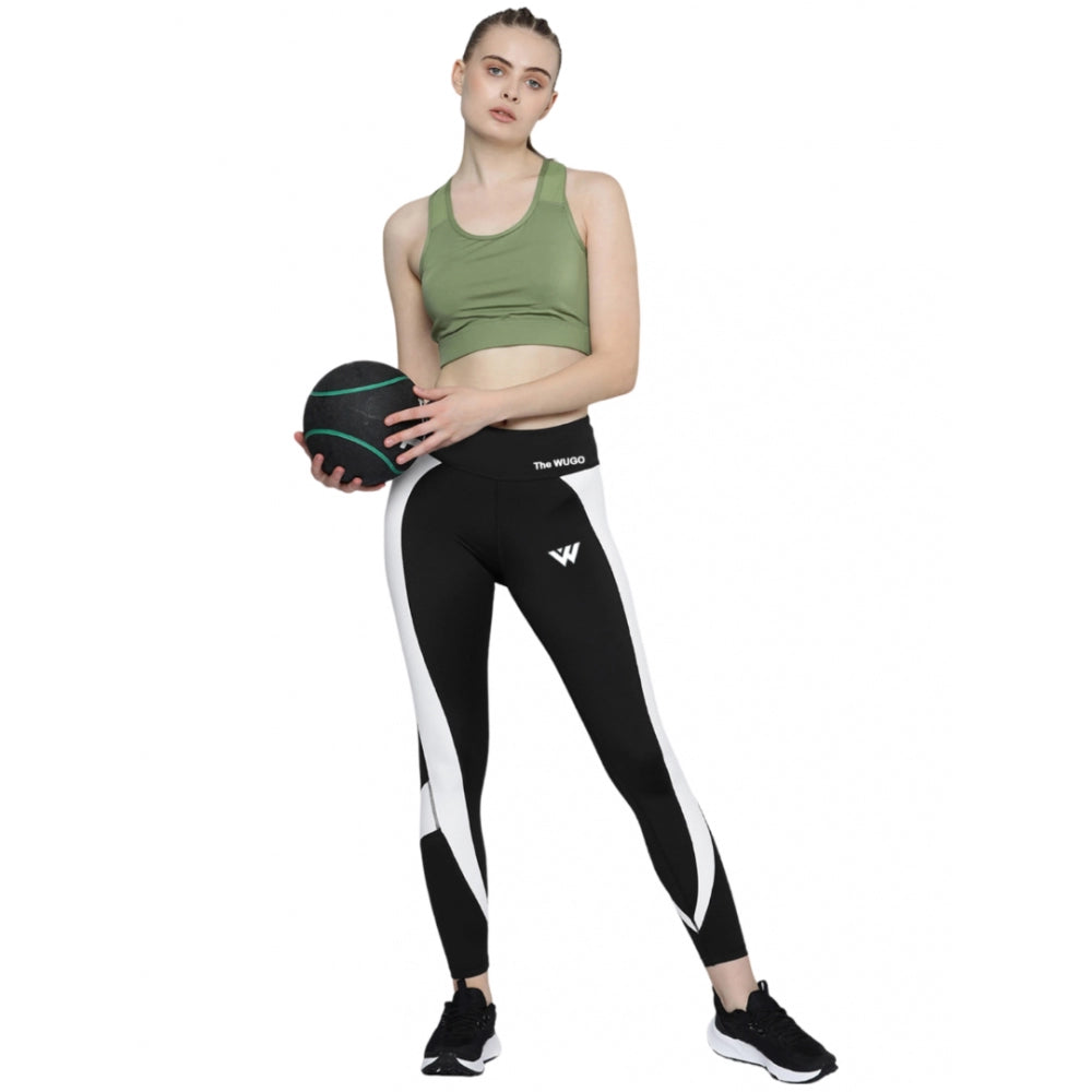 Women'S Polyster Solid Sport Leggings (Black &Amp; White)