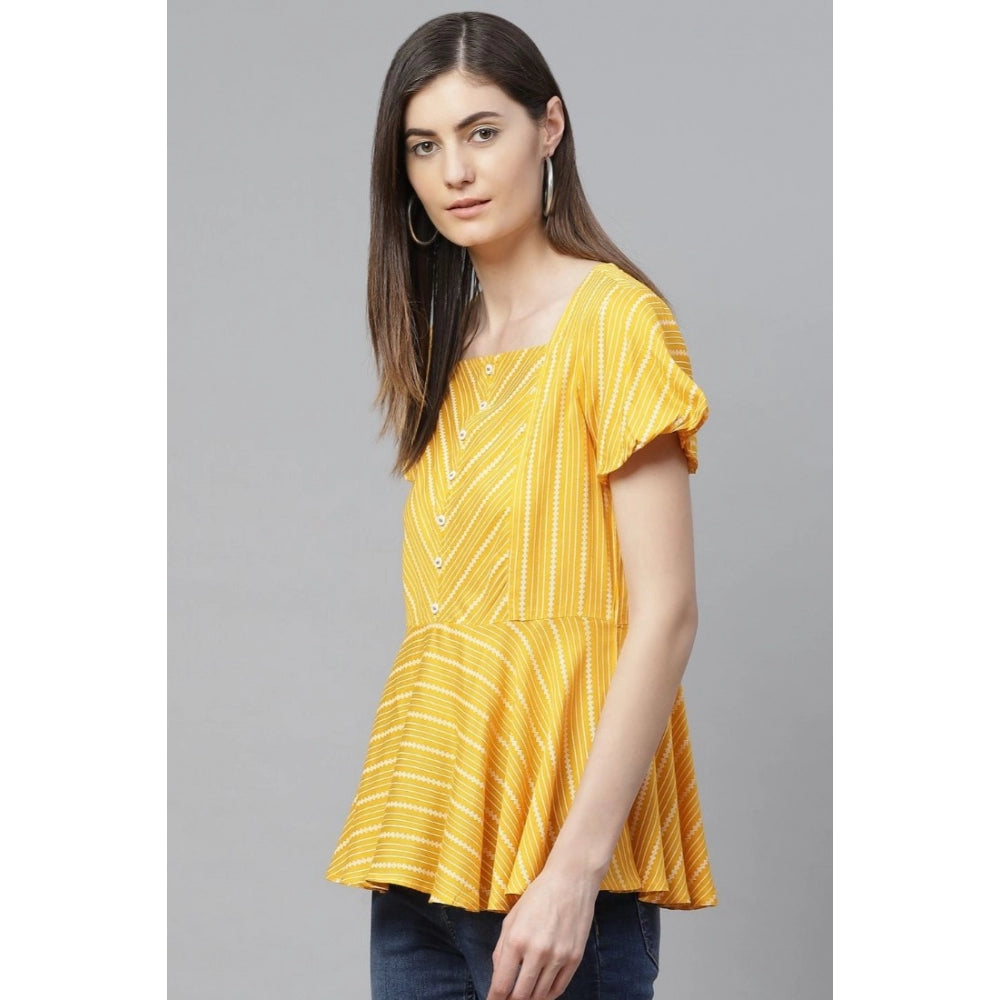Women'S Casual Short Sleeves Stripe Printed Rayon Top (Mustard