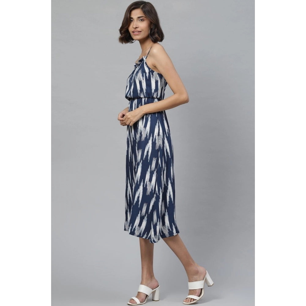 Women'S Casual Sleeveless Ikat Print Rayon Dress (Blue)