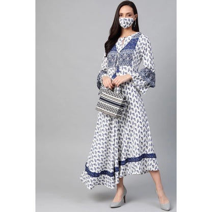 Women's Casual Bell Sleeve Floral Printed Rayon Dress (White &amp; Blue)