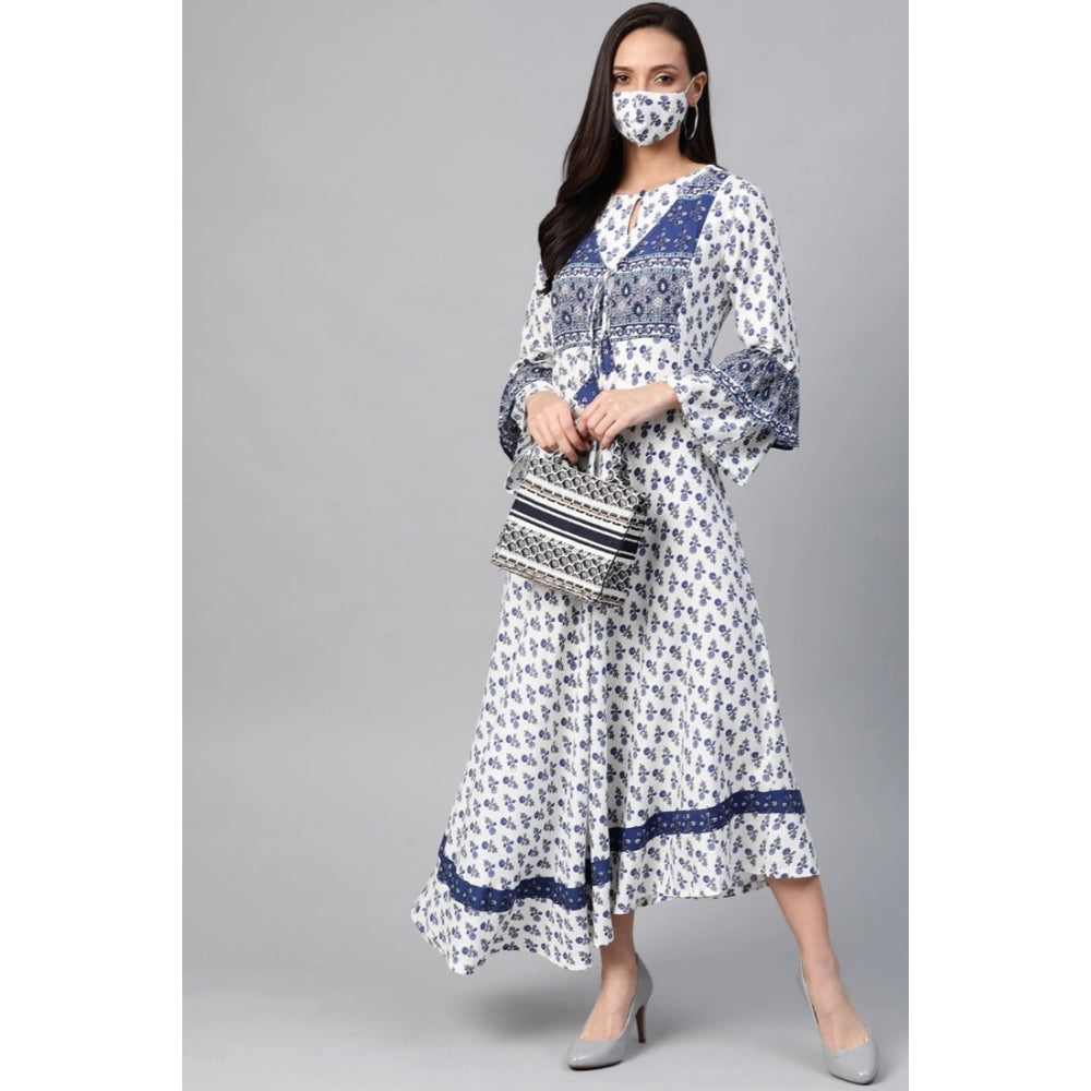 Women'S Casual Bell Sleeve Floral Printed Rayon Dress (White &