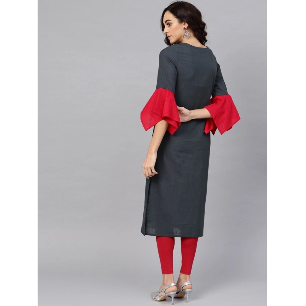 Women'S Casual Bell Sleeves Mirror Work Cotton Slub Kurti (Gre
