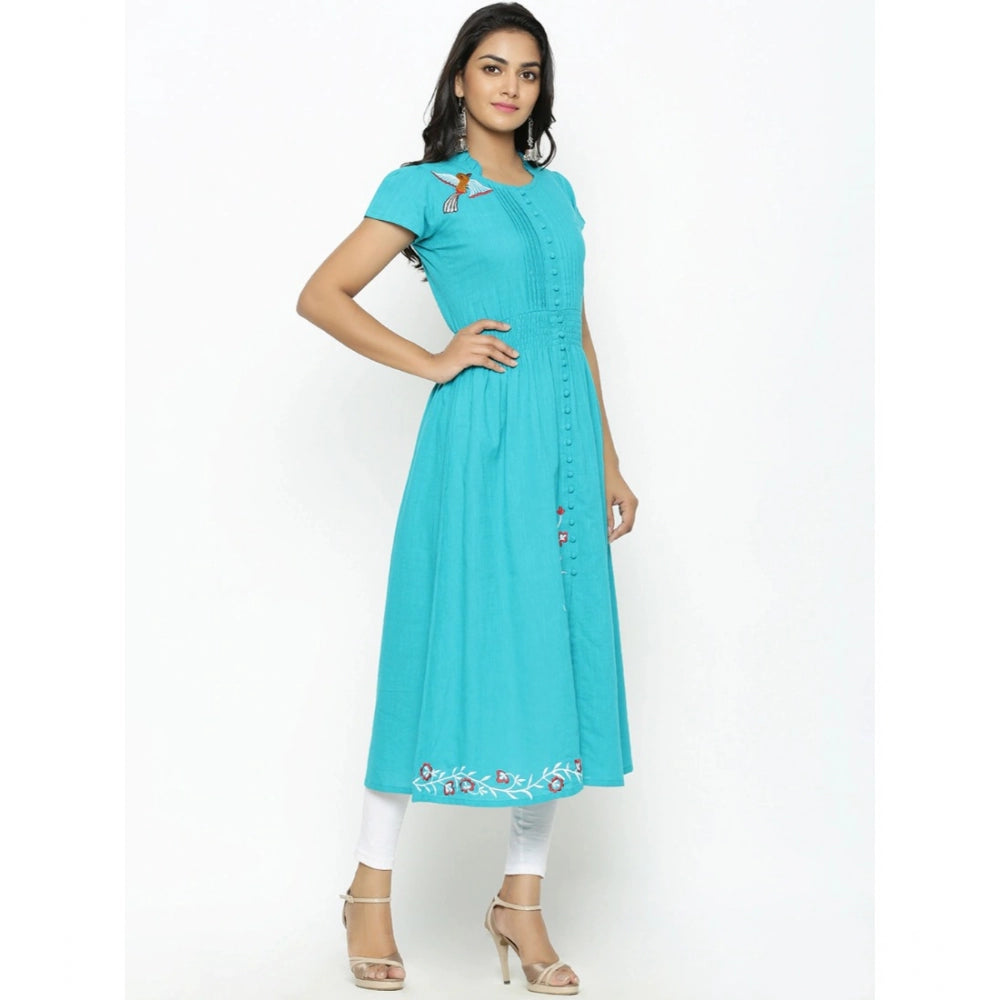 Women'S Casual Short Sleeve Embroidery Cotton Slub Kurti (Torq