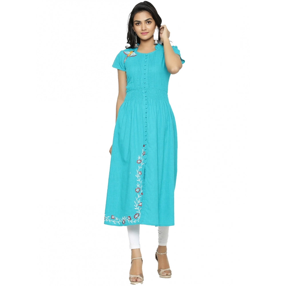 Women'S Casual Short Sleeve Embroidery Cotton Slub Kurti (Torq