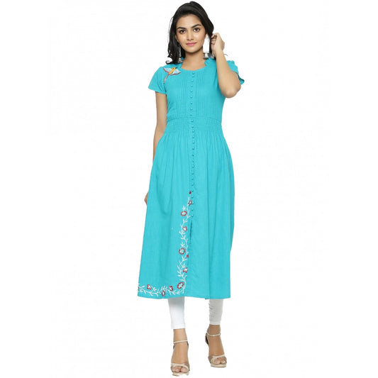 Women'S Casual Short Sleeve Embroidery Cotton Slub Kurti (Torq