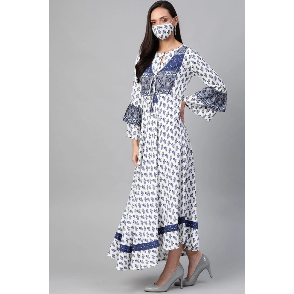 Women'S Casual Bell Sleeve Floral Printed Rayon Dress (White &