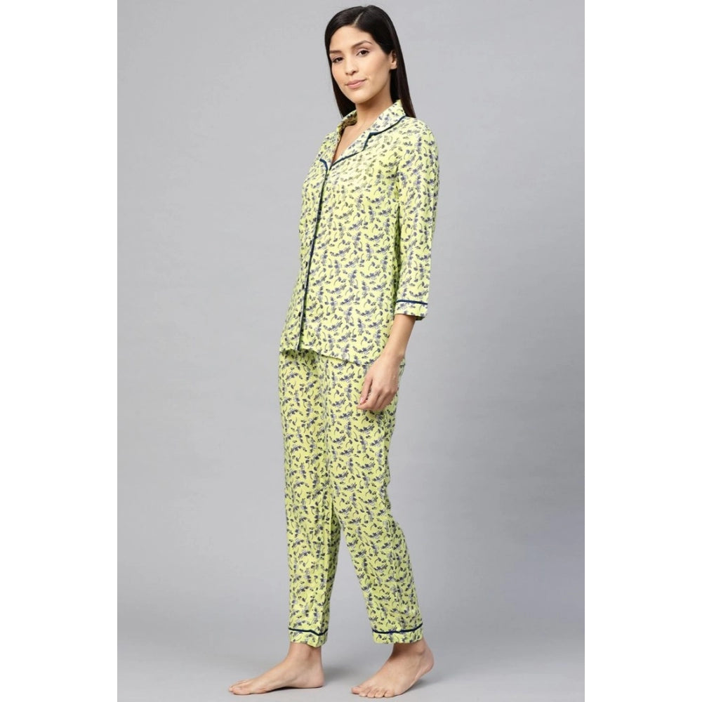 Women'S Casual 3/4 Sleeve Floral Printed Rayon Shirt With Pyja