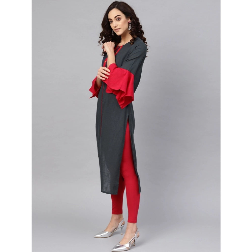 Women'S Casual Bell Sleeves Mirror Work Cotton Slub Kurti (Gre