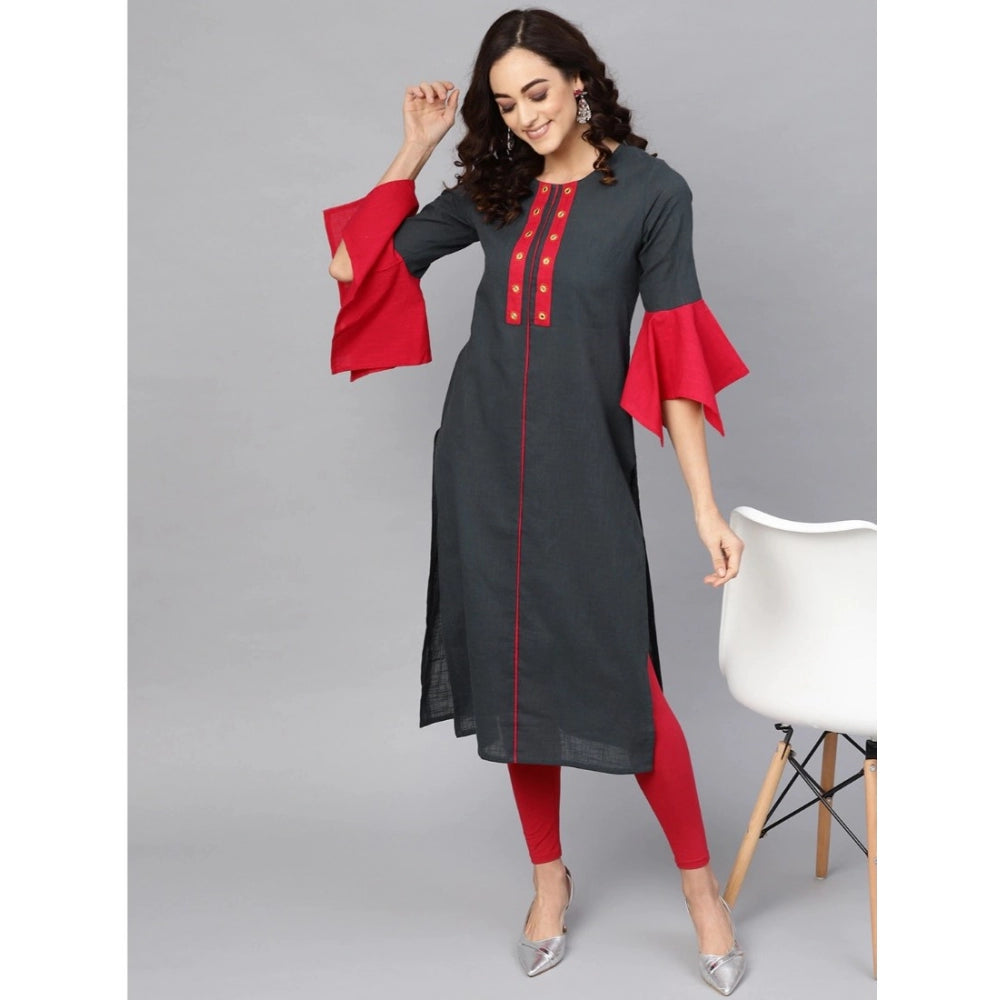 Women'S Casual Bell Sleeves Mirror Work Cotton Slub Kurti (Gre
