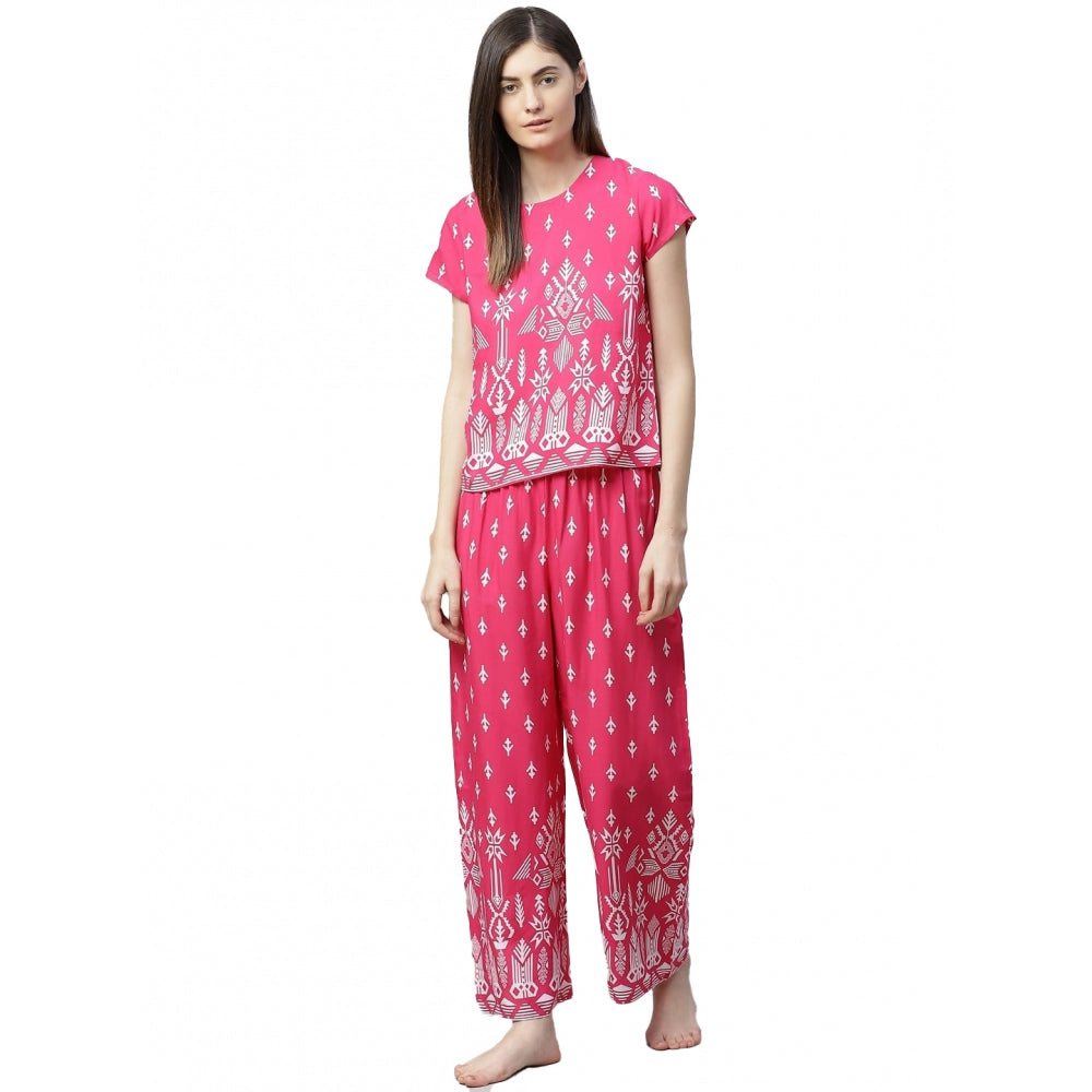 Women'S Casual Short Sleeve Printed Rayon Pajama Set (Pink)