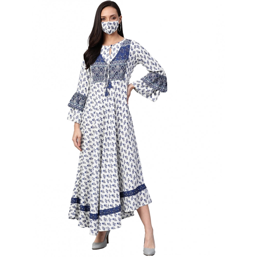 Women'S Casual Bell Sleeve Floral Printed Rayon Dress (White &