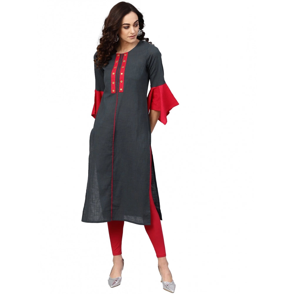Women'S Casual Bell Sleeves Mirror Work Cotton Slub Kurti (Gre
