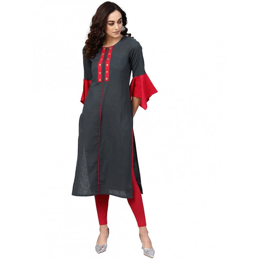 Women'S Casual Bell Sleeves Mirror Work Cotton Slub Kurti (Gre