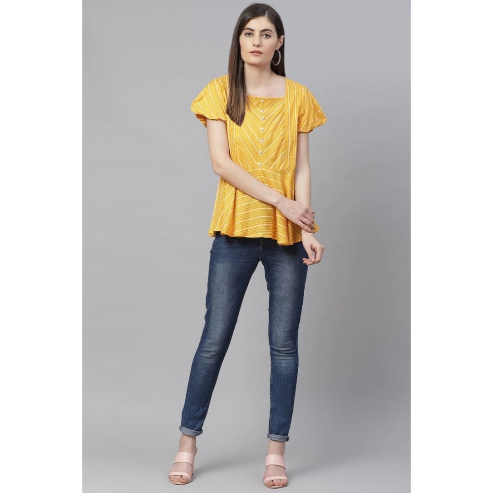 Women'S Casual Short Sleeves Stripe Printed Rayon Top (Mustard