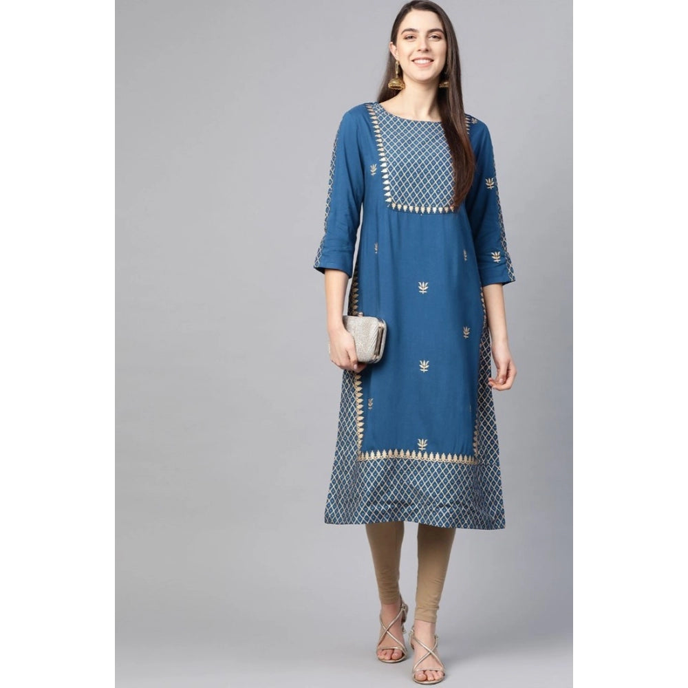 Women'S Casual 3/4 Th Sleeve Floral Printed Rayon Kurti (Blue)