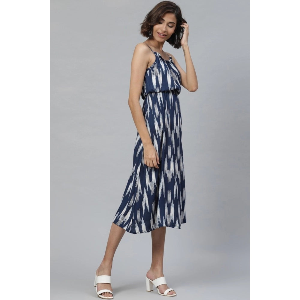 Women'S Casual Sleeveless Ikat Print Rayon Dress (Blue)