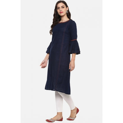 Women's Casual Bell Sleeves Solid Cotton Slub Kurti (Blue)