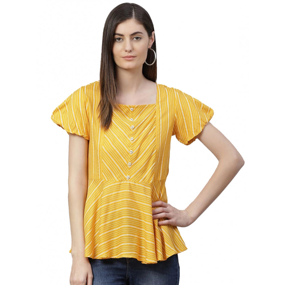 Women'S Casual Short Sleeves Stripe Printed Rayon Top (Mustard