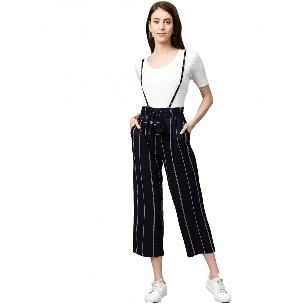 Women'S Casual Short Sleeve Striped Rayon Dungaree (Blue)