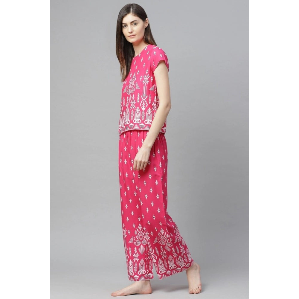 Women'S Casual Short Sleeve Printed Rayon Pajama Set (Pink)
