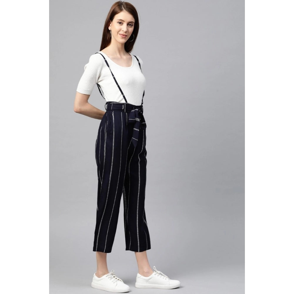 Women'S Casual Short Sleeve Striped Rayon Dungaree (Blue)