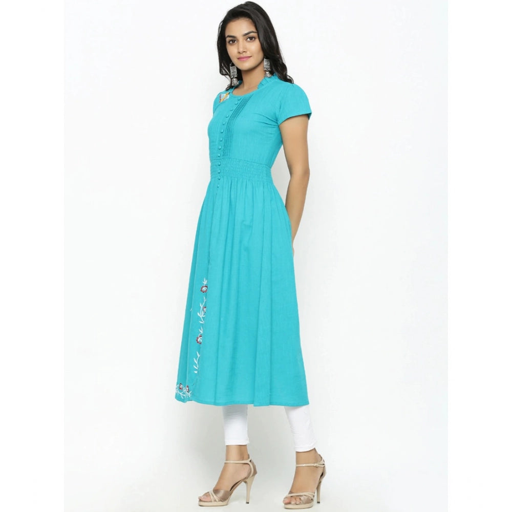 Women'S Casual Short Sleeve Embroidery Cotton Slub Kurti (Torq