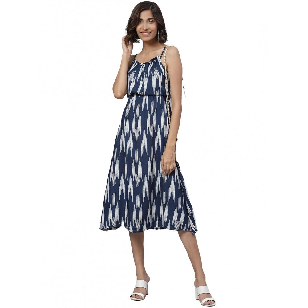 Women'S Casual Sleeveless Ikat Print Rayon Dress (Blue)