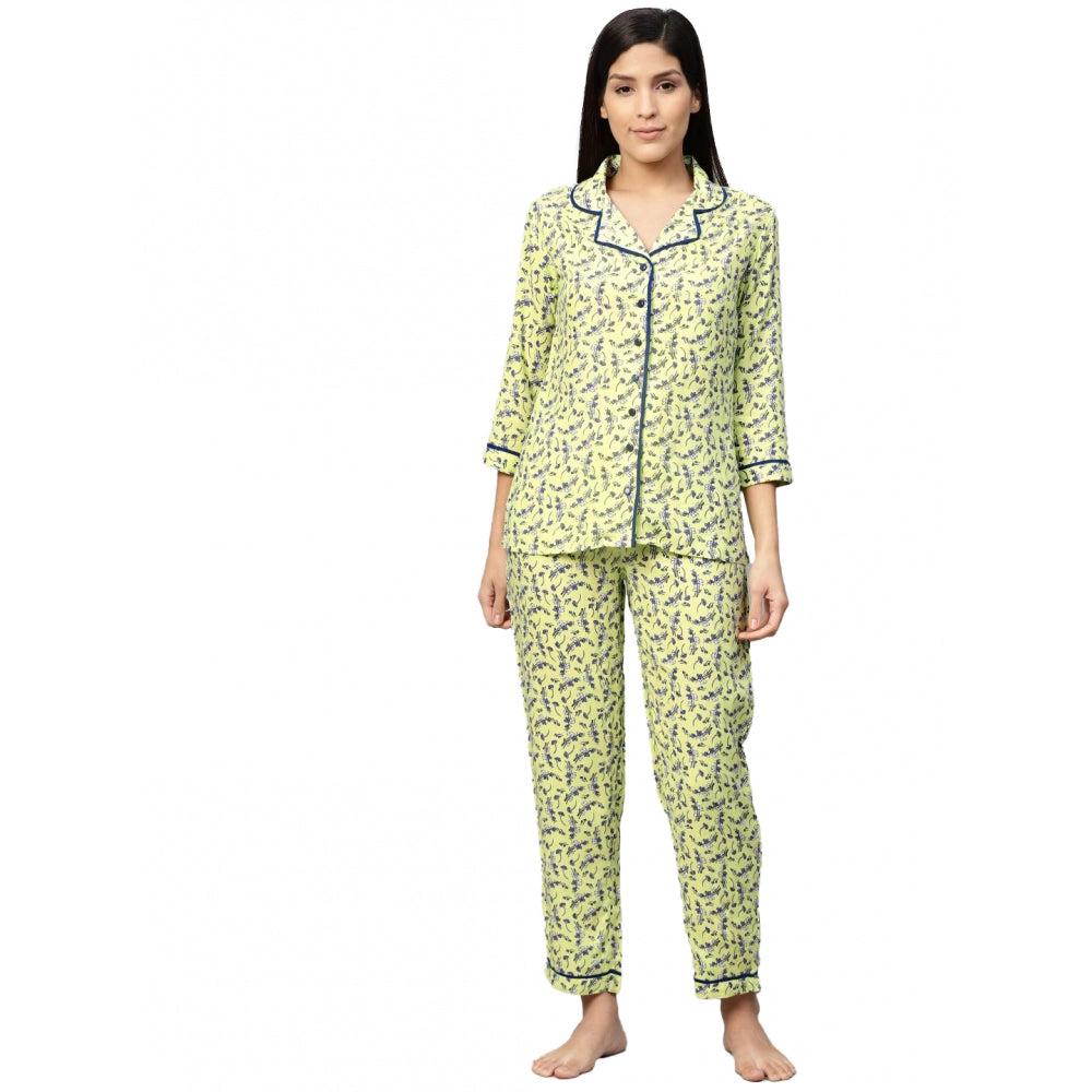 Women'S Casual 3/4 Sleeve Floral Printed Rayon Shirt With Pyja