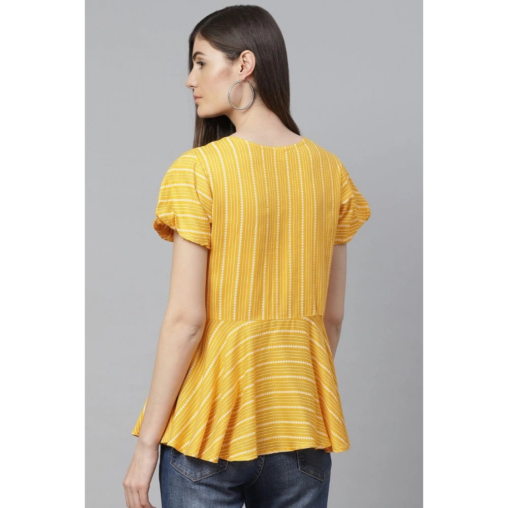 Women'S Casual Short Sleeves Stripe Printed Rayon Top (Mustard