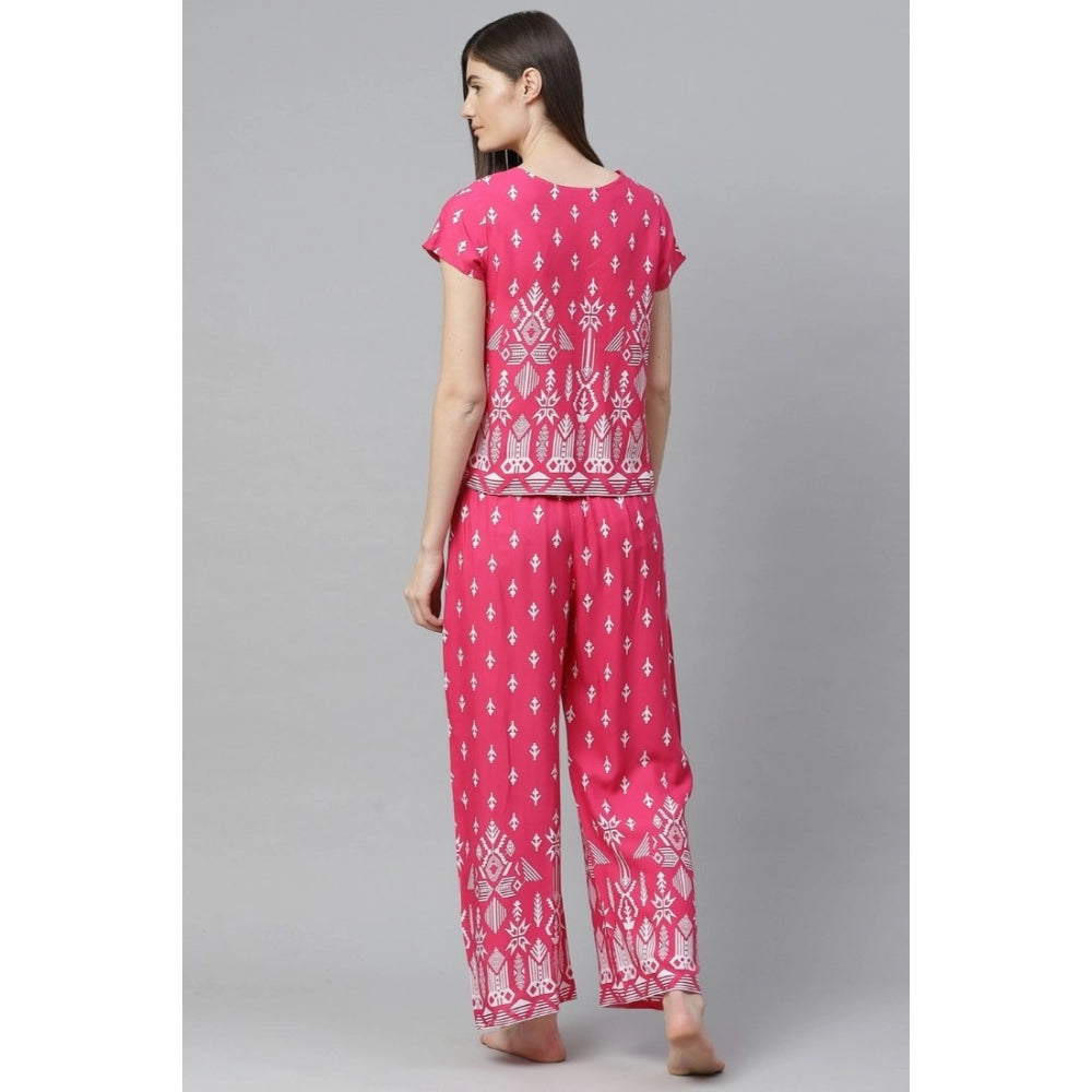 Women'S Casual Short Sleeve Printed Rayon Pajama Set (Pink)