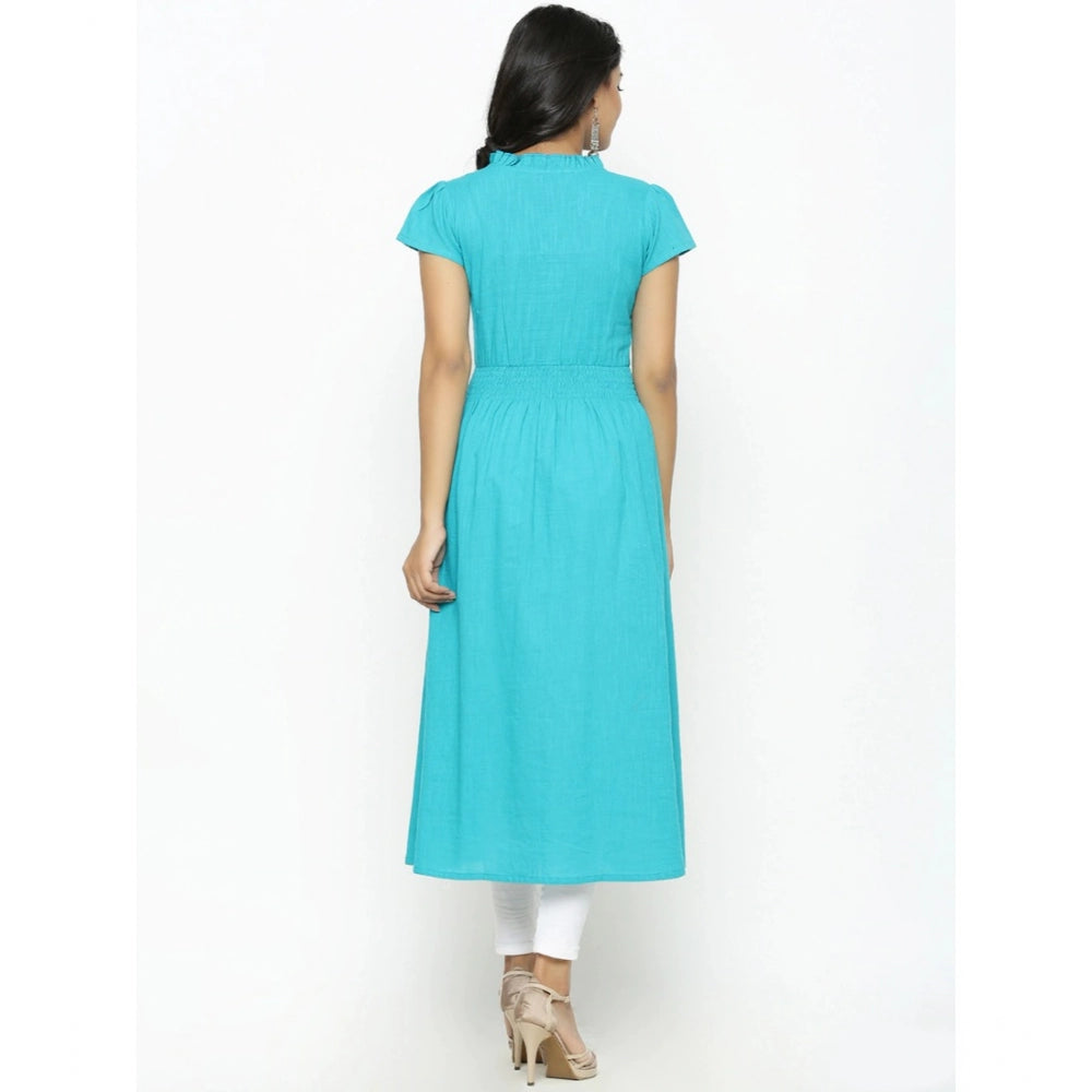 Women'S Casual Short Sleeve Embroidery Cotton Slub Kurti (Torq