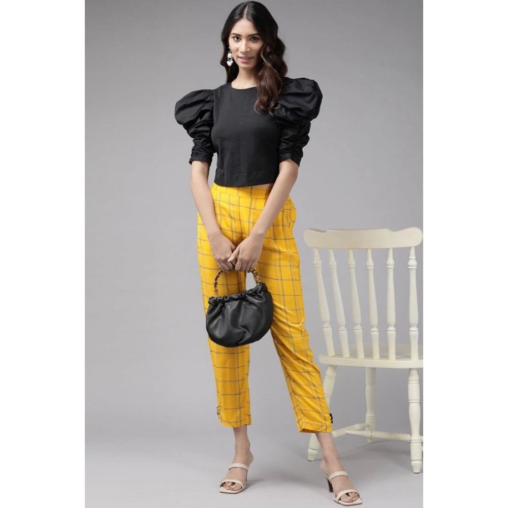 Women'S Casual Checked Rayon Trouser Pant (Yellow)