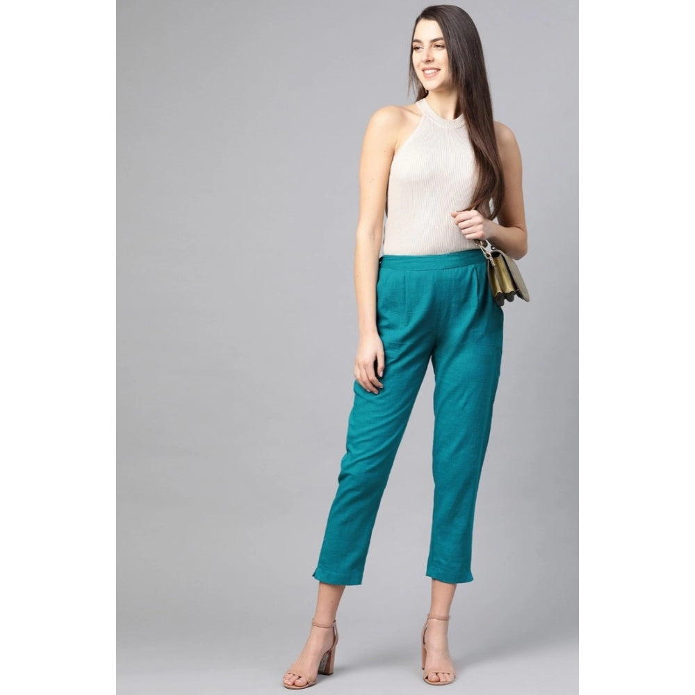Women'S Casual Solid Cotton Slub Trouser Pant (Rama Blue)