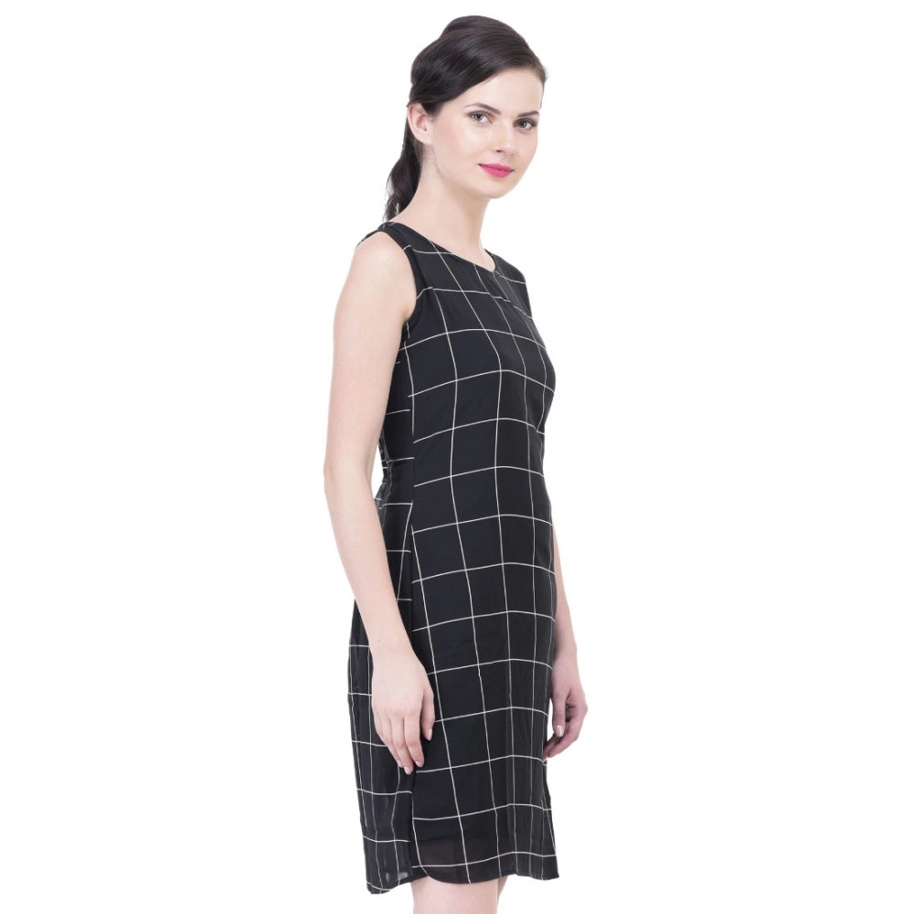 Women'S Cotton Blend Checked Sleeveless Sheath Dress (Black)