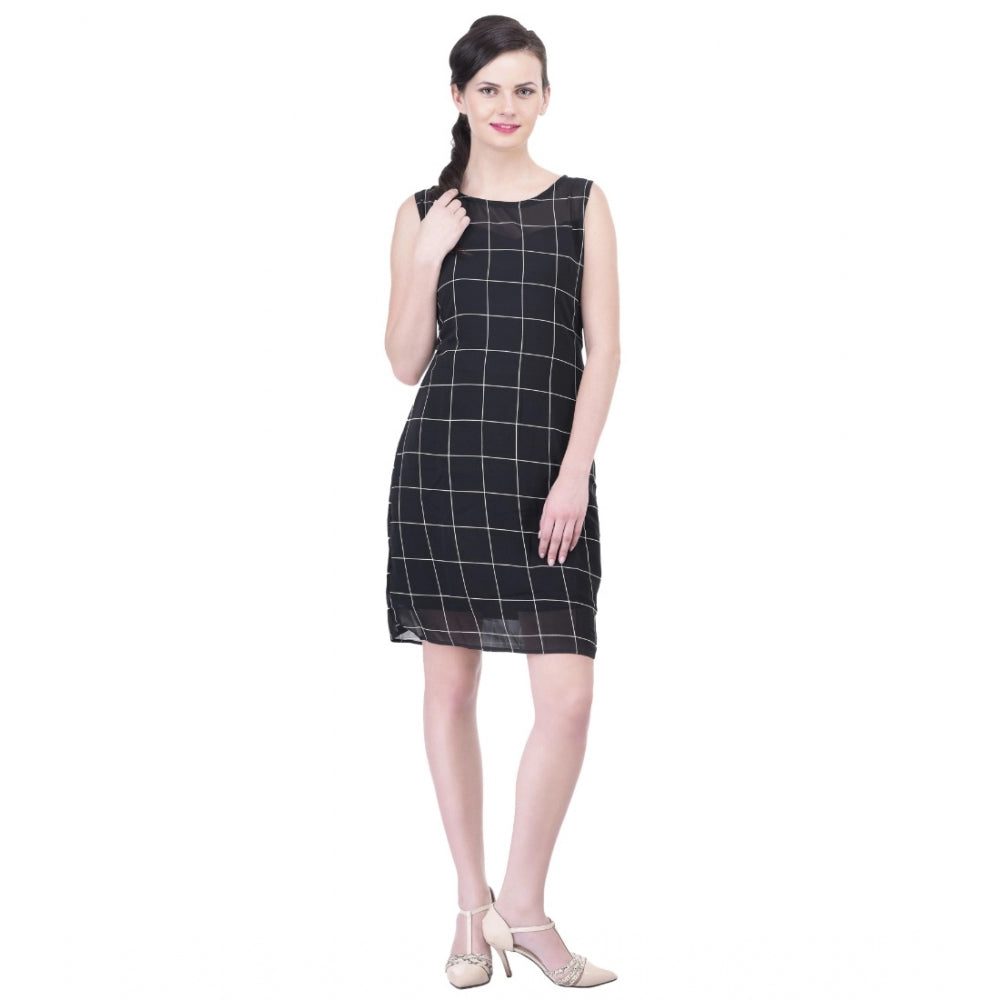 Women'S Cotton Blend Checked Sleeveless Sheath Dress (Black)