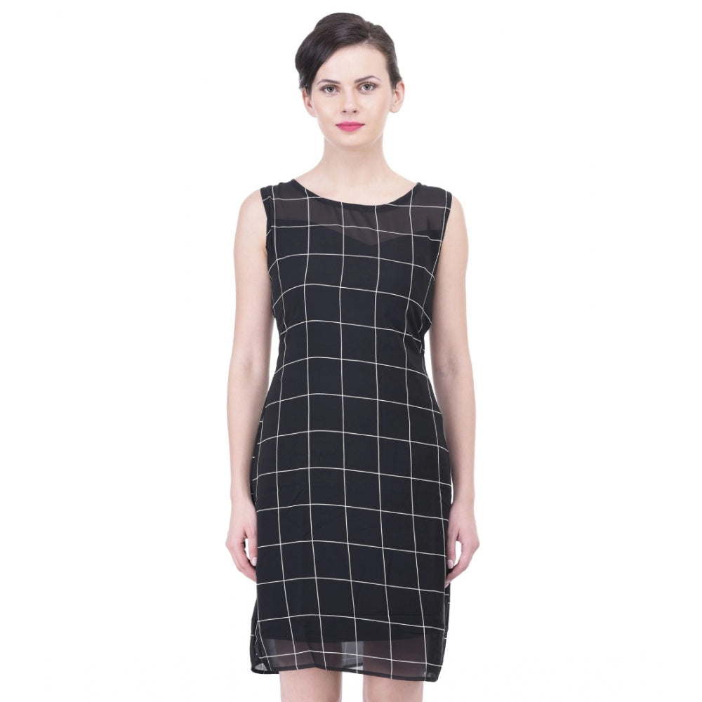 Women'S Cotton Blend Checked Sleeveless Sheath Dress (Black)