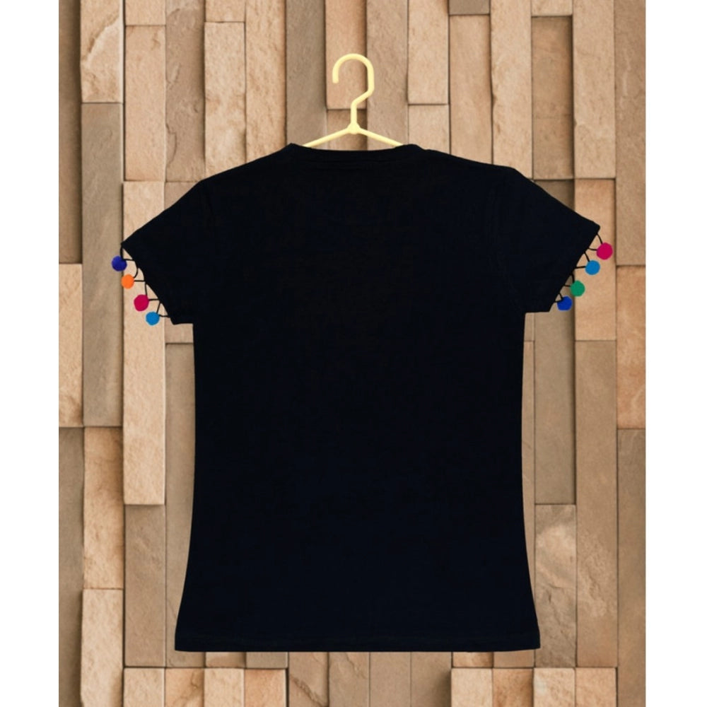 Girl'S Casual Short Sleeve Printed Cotton T Shirt (Black)