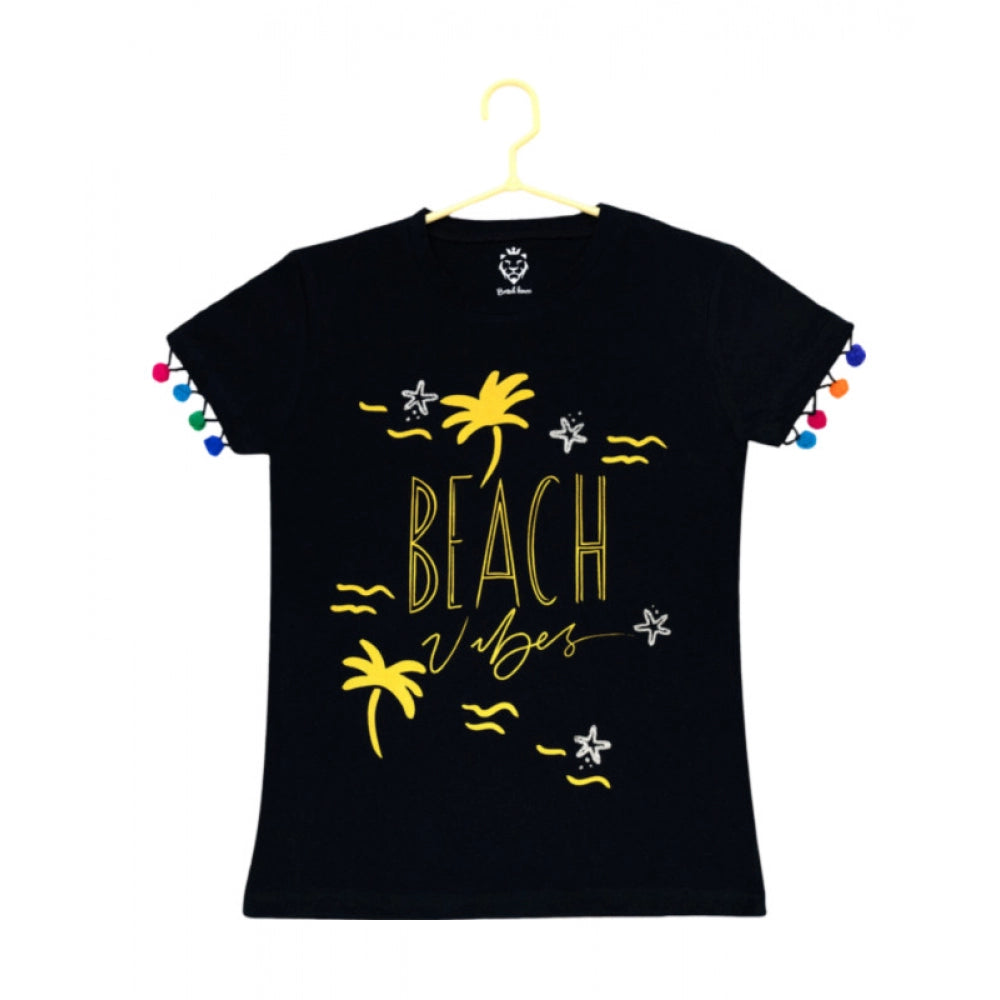 Girl'S Casual Short Sleeve Printed Cotton T Shirt (Black)