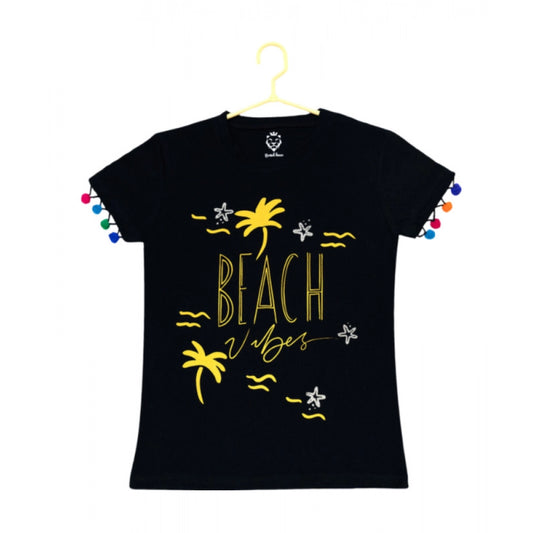 Girl'S Casual Short Sleeve Printed Cotton T Shirt (Black)