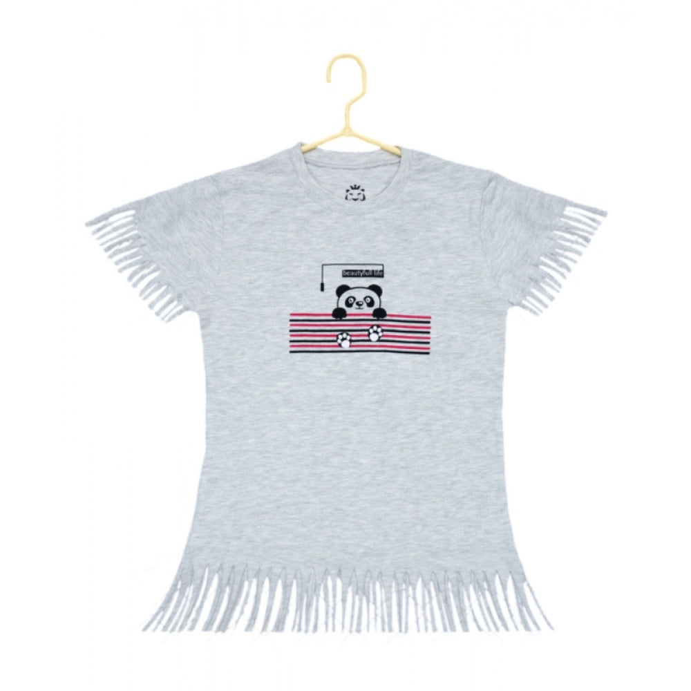 Girl'S Casual Short Sleeve Printed Cotton T Shirt (Grey)