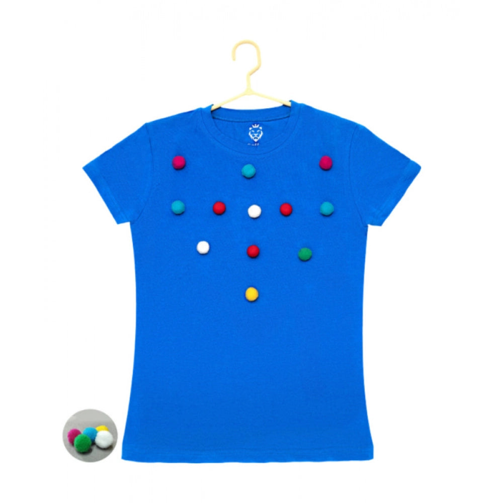 Girl'S Casual Short Sleeve Pom Pom Balls Cotton T Shirt (Royal