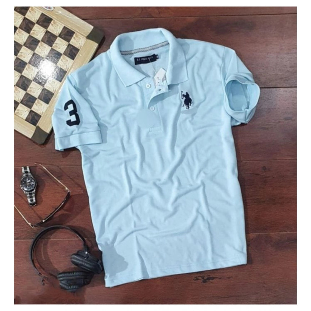 Men'S Casual Half Sleeve Solid Cotton Polo Neck T-Shirt (Sky B