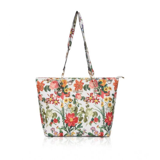 Women'S Faux Leather Printed Tote Bag (White Orang)