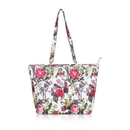 Women's Faux Leather Printed Tote Bag (White Pink)