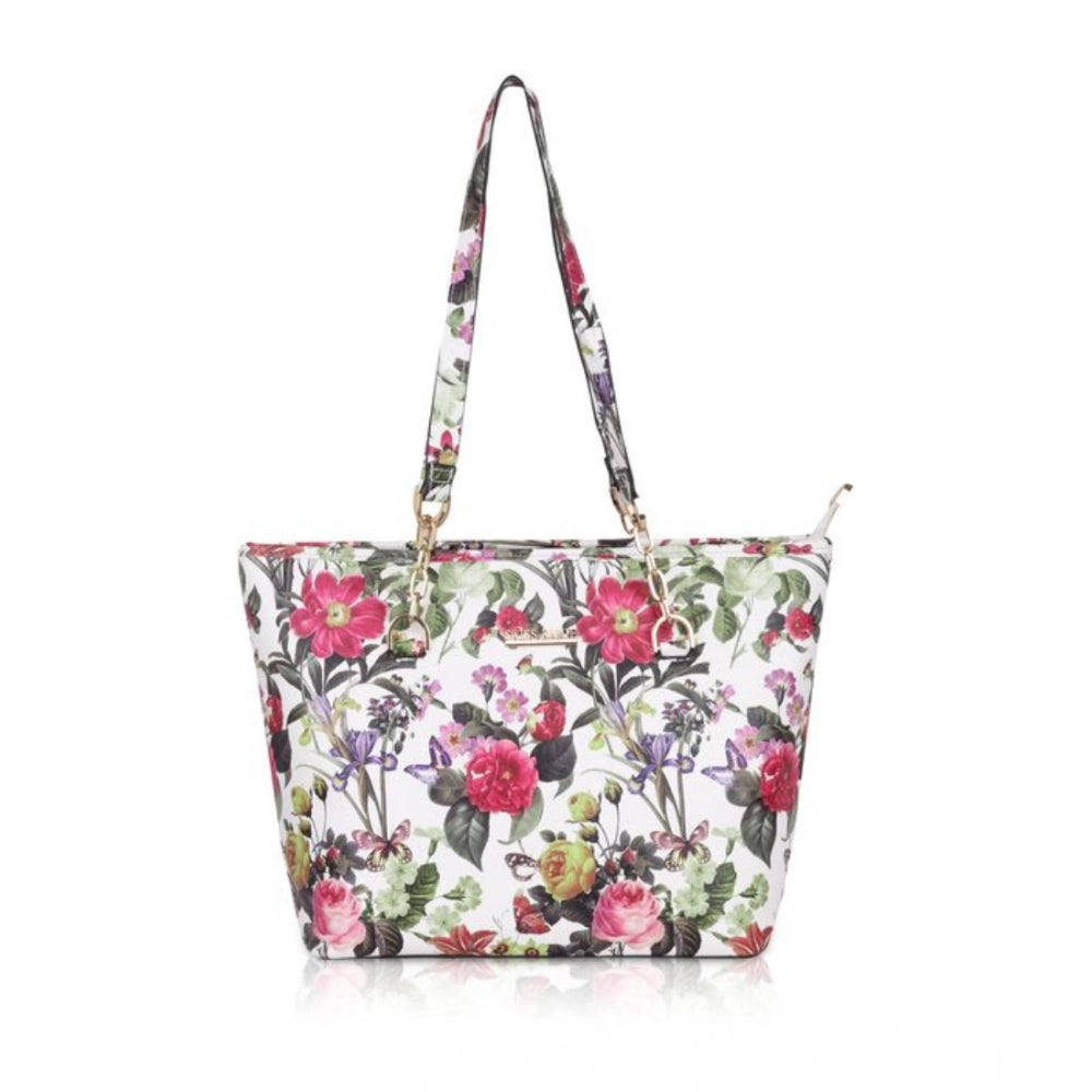 Women'S Faux Leather Printed Tote Bag (White Pink)