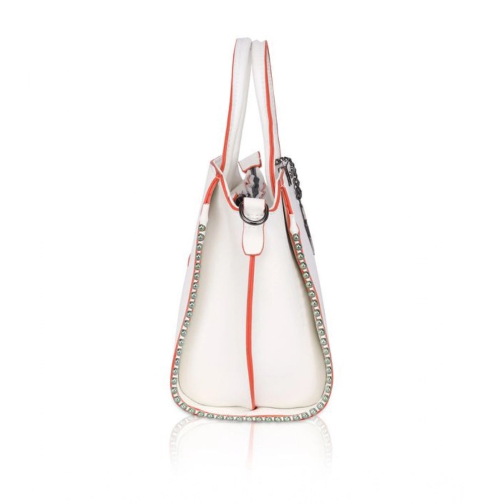 Women'S Faux Leather Metal Beads Handbag (White)